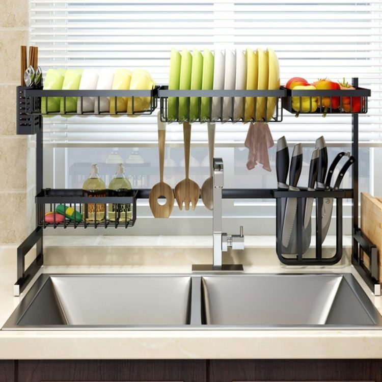 65 85 Cm Dish Rack Stainless Steel Kitchen Rack Sink Storage Utensils Black Storage Supplies Multi 1.jpg