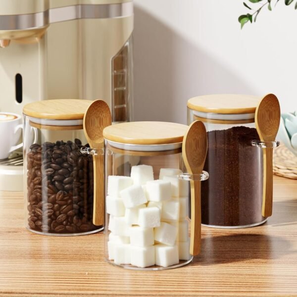 Glass Jars with Bamboo Lid and Spoon, Bamboo Lid Storage Jar Containers for Coffee Beans, Spice, Brown Sugar, Tea, Flour, Nuts, Candy, Salts and More