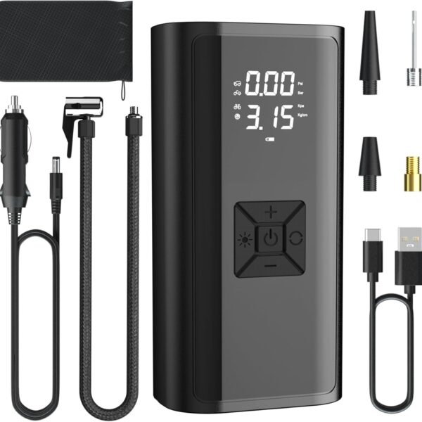 Portable Air Pump, 150 PSI Cordless Car Tires Air Pump with Digital Pressure Gauge, Electric Tire Pump, Rechargeable Air Pump with Emergency Light for Car, Bike, Motor, Balls
