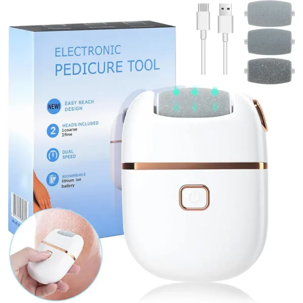 Electric Foot File & Callus Remover – Rechargeable Pedicure Tool with 2 Speeds and 3 Interchangeable Grinding Heads